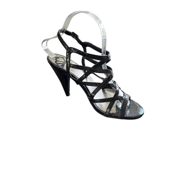 FERGULICIOUS WOMEN'S BLACK FAUX LEATHER STRAPPY OPEN TOE HEELS SZ 8.5 NWOT - Picture 1 of 8